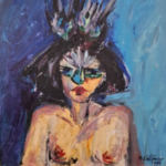 Acryl schilderij, Maya Wildevuur, Portret met masker, 1996